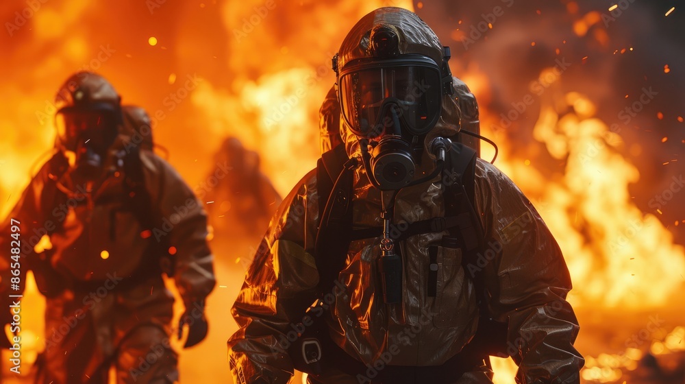 Two firefighters in full gear are running through a burning building. The scene is intense and dangerous, with the firefighters risking their lives to save others Two firefighters in full gear are running through a burning building. The scene is intense and dangerous, with the firefighters risking their lives to save others