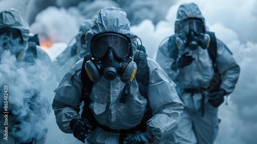 A group of people in hazmat suits running through a cloud of smoke. Scene is tense and urgent © BMMP Studio