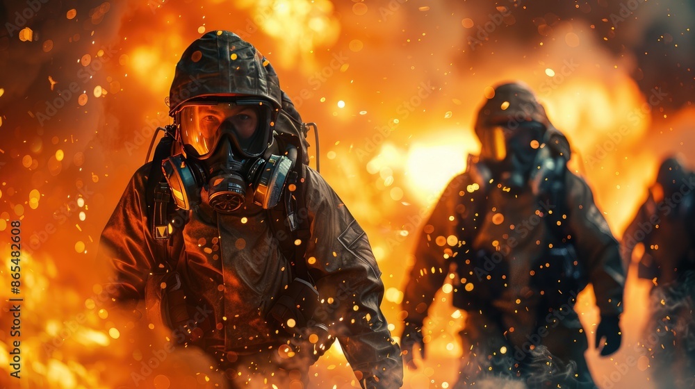 Two firefighters are running through a burning building. The scene is intense and dangerous, with the firefighters wearing heavy gear and masks to protect themselves from the smoke and flames Two firefighters are running through a burning building. The scene is intense and dangerous, with the firefighters wearing heavy gear and masks to protect themselves from the smoke and flames