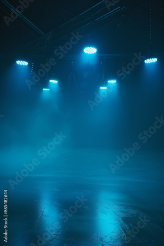 Wide shot, minimal setting, ambient light, blue lights, studio light, studio background