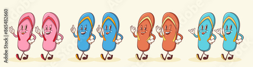 Summer Beach Retro Cartoon Characters Set. Groovy Flip Flops Slippers Illustration. Vintage Personage Walking and Smiling Vector Drawings Collection Isolated
