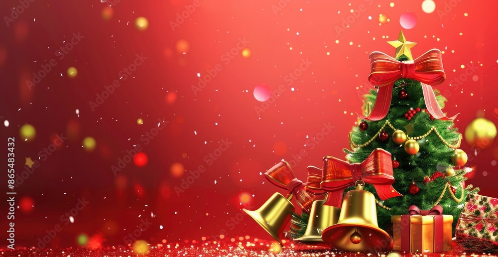 Merry christmas greeting with bells ribbon bow and green Christmas tree next to gift boxes on a colorful background, copy space for text Christmas greeting card. Merry Christmas attractive background Merry christmas greeting with bells ribbon bow and green Christmas tree next to gift boxes on a colorful background, copy space for text Christmas greeting card. Merry Christmas attractive background