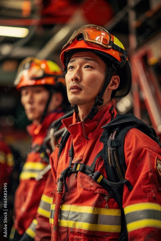 Portrait of a Japanese firefighter team inspecting fire safety gear in a fire station, high quality photo, photorealistic, focused expressions, studio lighting Portrait of a Japanese firefighter team inspecting fire safety gear in a fire station, high quality photo, photorealistic, focused expressions, studio lighting