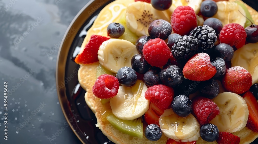 Pancake with Fresh Fruit and Honey Drizzle - A close-up of a pancake topped with various fruits, including strawberries, raspberries, blueberries, kiwi, and bananas, all drizzled with honey. Pancake with Fresh Fruit and Honey Drizzle - A close-up of a pancake topped with various fruits, including strawberries, raspberries, blueberries, kiwi, and bananas, all drizzled with honey.