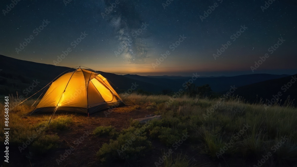 A luminous tent under the starry night sky and Milky Way, capturing the serene and adventurous essence of outdoor camping in a remote, natural landscape. A luminous tent under the starry night sky and Milky Way, capturing the serene and adventurous essence of outdoor camping in a remote, natural landscape.