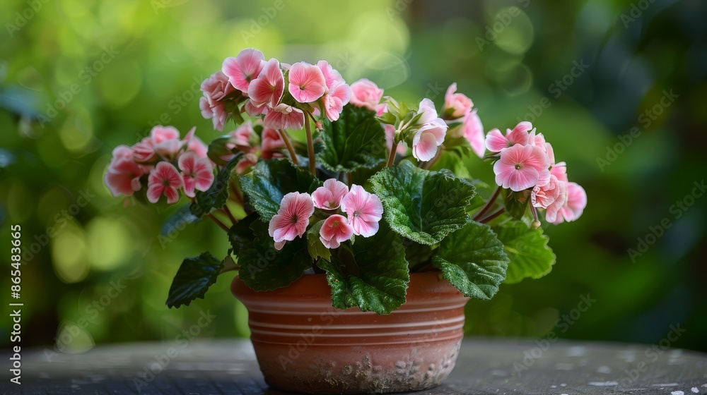 Pink Flowers in a Terracotta Pot - A close-up view of a vibrant pink flower arrangement in a terracotta pot. The flowers are surrounded by lush green leaves Pink Flowers in a Terracotta Pot - A close-up view of a vibrant pink flower arrangement in a terracotta pot. The flowers are surrounded by lush green leaves