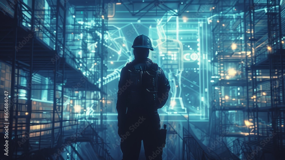 Silhouetted Worker in Futuristic Industrial Setting - A lone worker, silhouetted against a glowing, futuristic backdrop of interconnected metal structures and a digital interface. Silhouetted Worker in Futuristic Industrial Setting - A lone worker, silhouetted against a glowing, futuristic backdrop of interconnected metal structures and a digital interface.