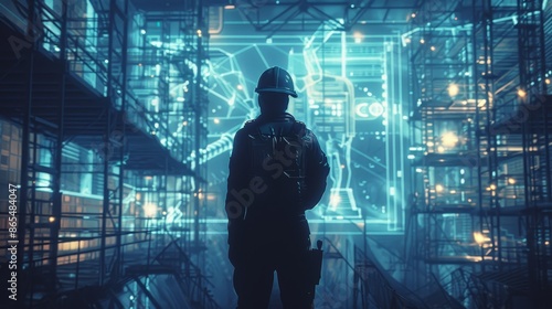 Silhouetted Worker in Futuristic Industrial Setting - A lone worker, silhouetted against a glowing, futuristic backdrop of interconnected metal structures and a digital interface. © Nima