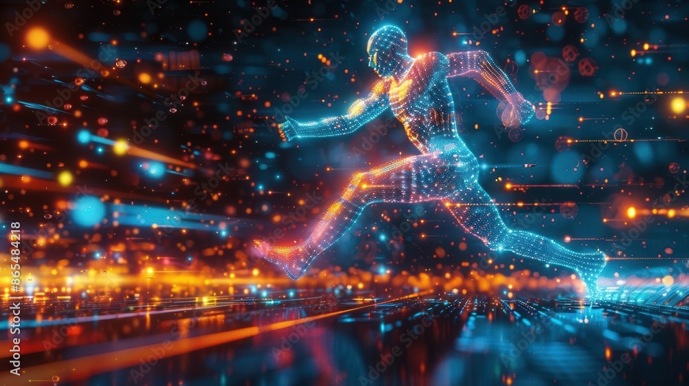 Futuristic athlete running, holographic metrics tracking fitness and heart rate, vibrant colors, medium shot Futuristic athlete running, holographic metrics tracking fitness and heart rate, vibrant colors, medium shot