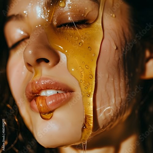 A close-up shot of a woman with honey dripping down her face