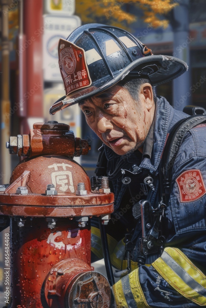 Fototapeta premium Portrait of a Japanese firefighter inspecting a fire hydrant in a public area, high detail, photorealistic, focused expression, well-lit setting