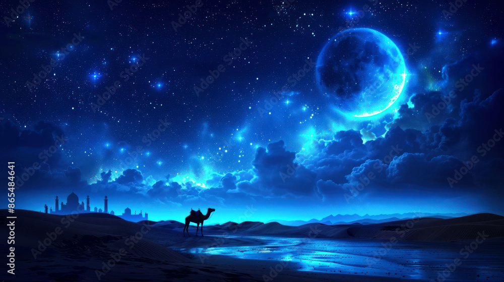 capture camel in the desert on night with big moon capture camel in the desert on night with big moon