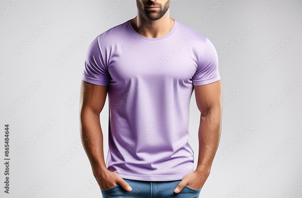 male torso in a T-shirt light purple on a white background male torso in a T-shirt light purple on a white background