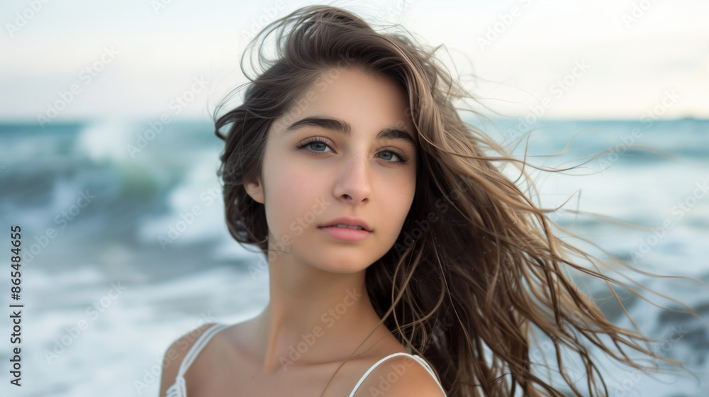 dynamic portrait of a young woman with flowing hair, standing on a beach with waves crashing behind her. dynamic portrait of a young woman with flowing hair, standing on a beach with waves crashing behind her.