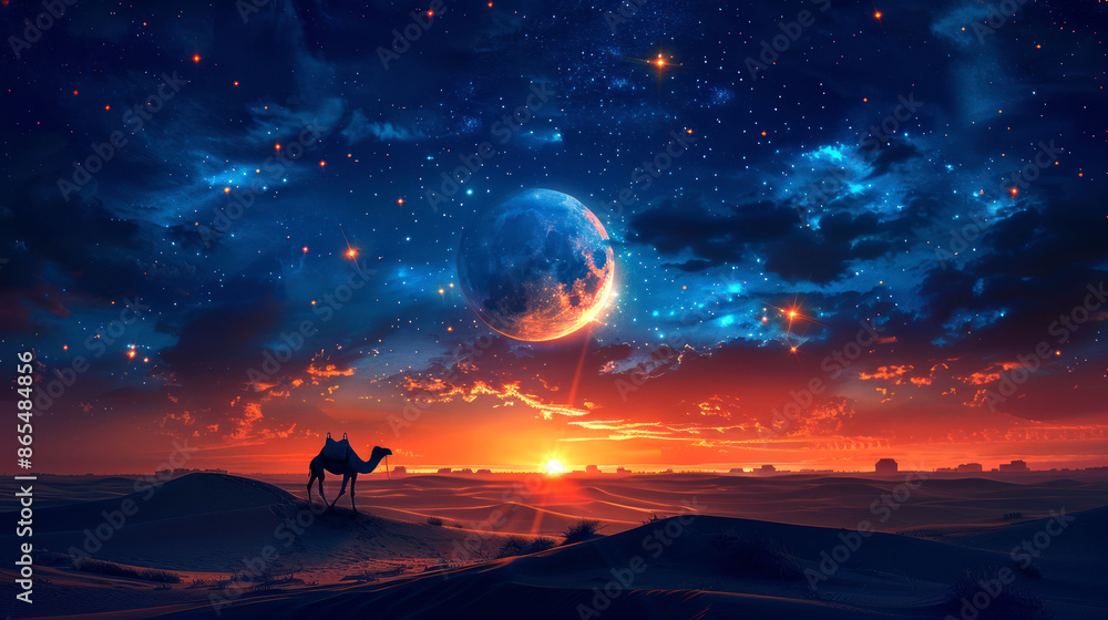 capture camel in the desert on night with big moon capture camel in the desert on night with big moon