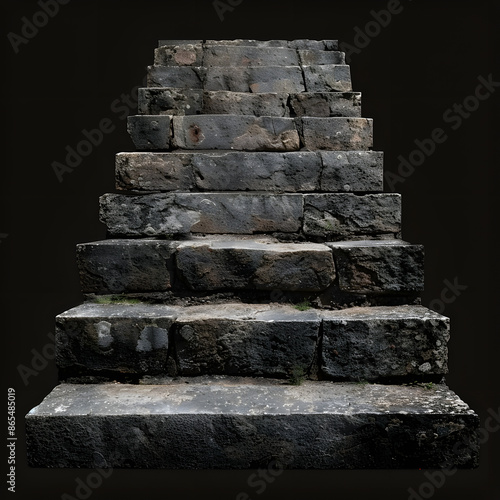 a frontal view of an old stone stairs on black background,