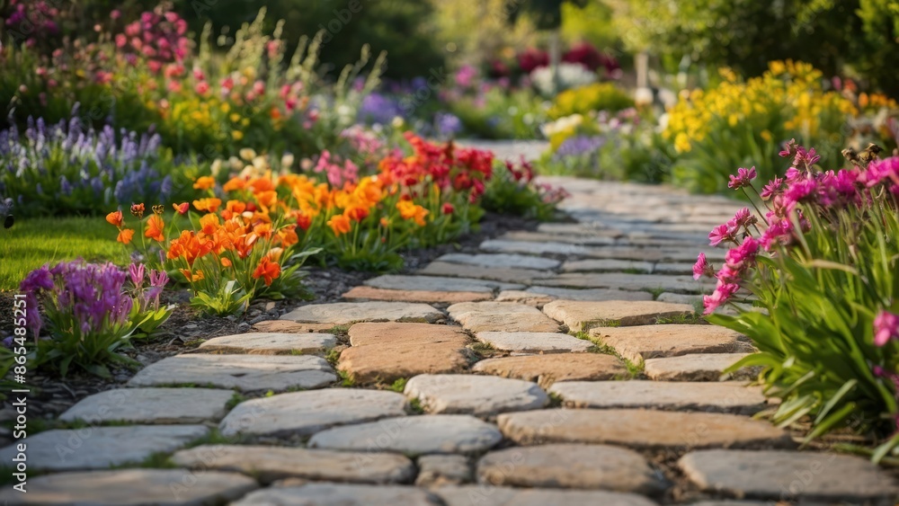 A picturesque stone pathway lined with colorful blooming flowers in a tranquil garden setting, perfect for spring and summer landscaping inspiration. A picturesque stone pathway lined with colorful blooming flowers in a tranquil garden setting, perfect for spring and summer landscaping inspiration.