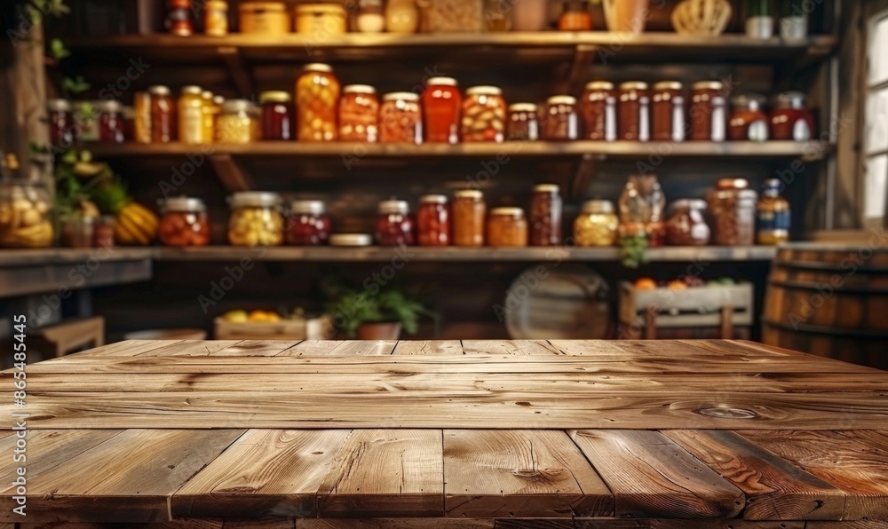 mockup Empty wooden table against the blurred background of the modern kitchen or cellar with shelves on which there are cans of canned vegetables, mushrooms and jam. The concept of autumn harvesting. mockup Empty wooden table against the blurred background of the modern kitchen or cellar with shelves on which there are cans of canned vegetables, mushrooms and jam. The concept of autumn harvesting.