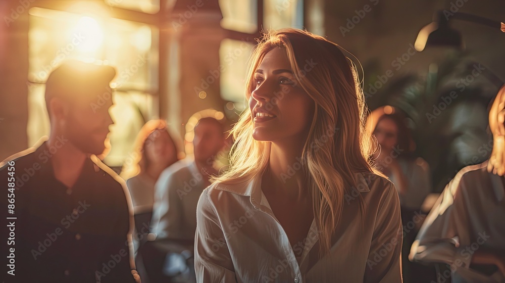 Bright and cheerful woman enjoying a lively group discussion in a sunlit room, with warm sunlight streaming through large windows. Bright and cheerful woman enjoying a lively group discussion in a sunlit room, with warm sunlight streaming through large windows.