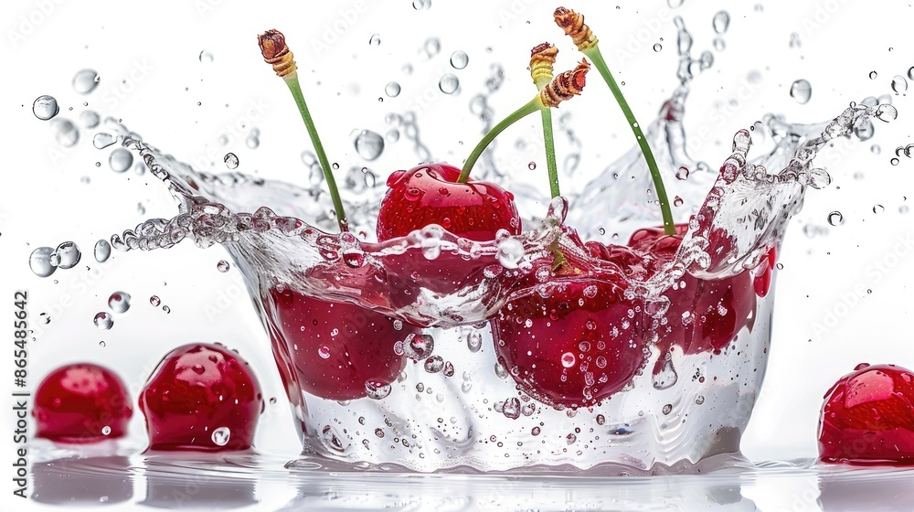 Fresh red cherries splashing into water captured in mid-air, showcasing vibrant colors and dynamic motion against a white background. Fresh red cherries splashing into water captured in mid-air, showcasing vibrant colors and dynamic motion against a white background.
