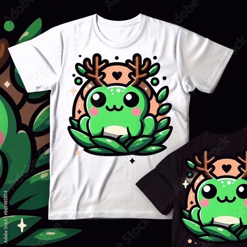 T-shirt design, cute kawaii frog with deer antlers seeting on aleaf, vector illustration. photo