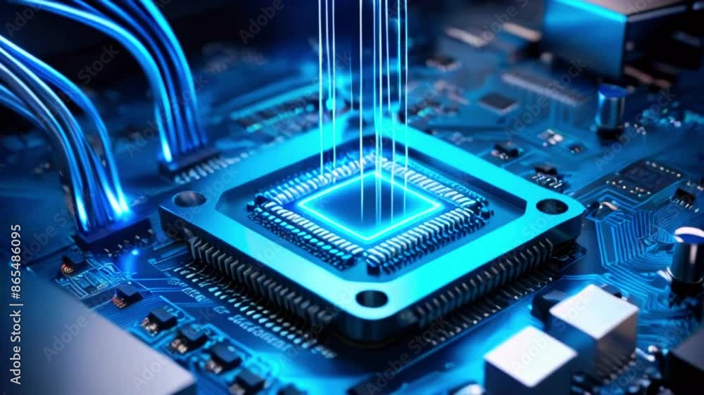A close-up of a computer chip with blue lights shining down on it. A close-up of a computer chip with blue lights shining down on it.