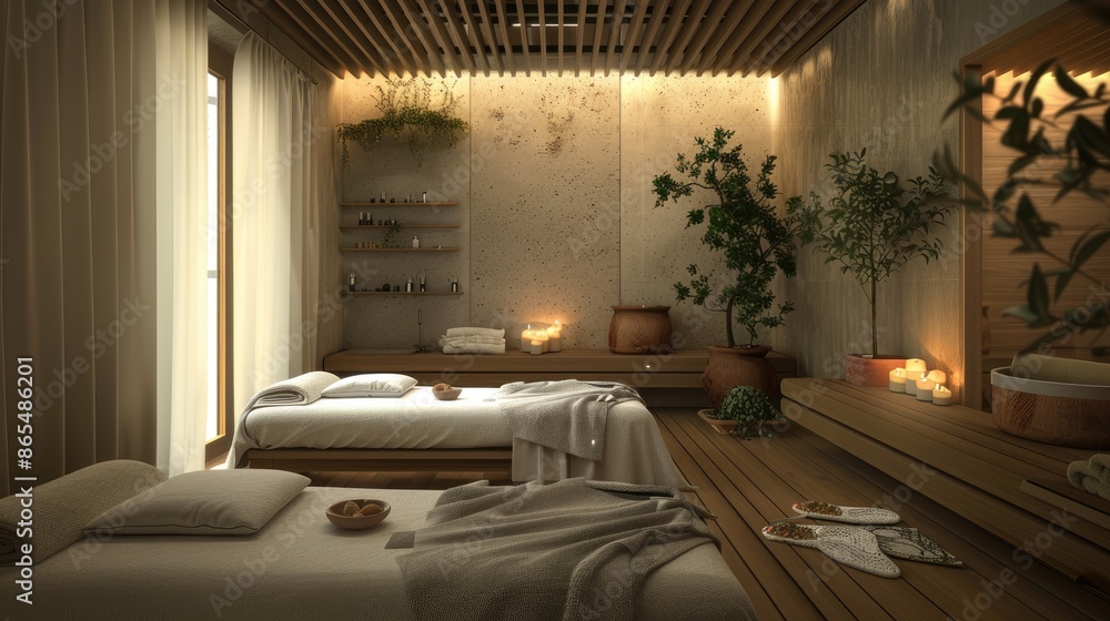 Spa room with two beds, a potted plant, and a vase with candles. The room has a calming and relaxing atmosphere Spa room with two beds, a potted plant, and a vase with candles. The room has a calming and relaxing atmosphere