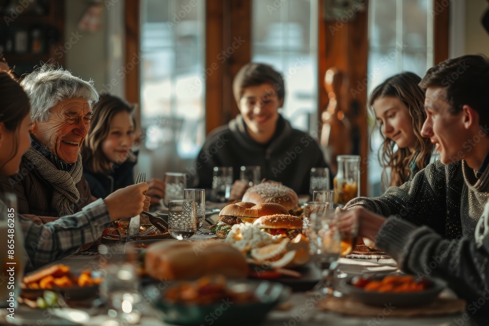 A group of people are sitting around a table with plates of food and drinks A group of people are sitting around a table with plates of food and drinks