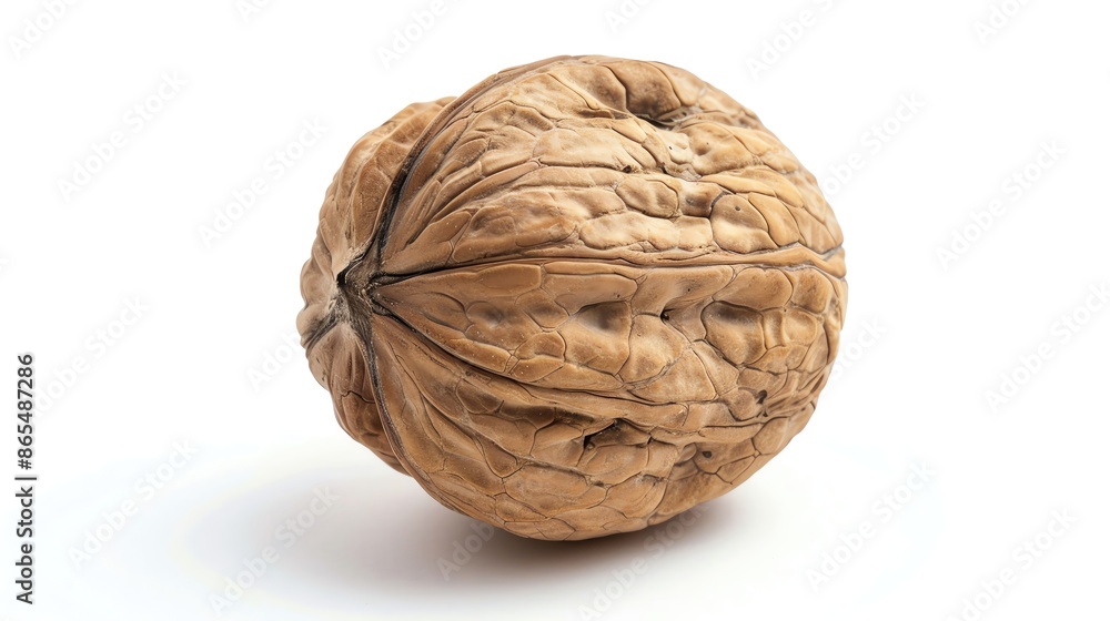 Close-up of a single walnut in its shell, isolated on a white background. The walnut's texture and details are clearly visible.