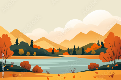Autumn season landscape. Vector illustration of an autumn landscape with beautiful trees, forest, lake and nature on a background of mountains and hills. Autumn landscape in a simple style for design.