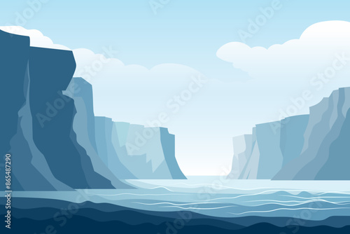 Sea and rocks, landscape vector illustration. Beautiful high sea cliffs loom over a beautiful ocean bay. Dangerous rocks and sea against the background of clouds.