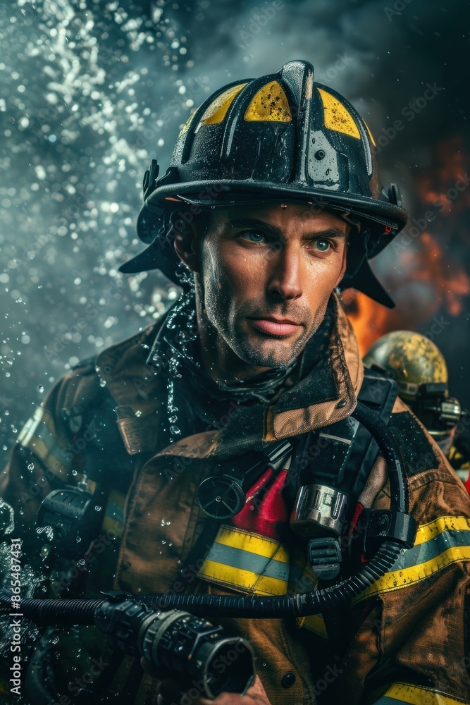 Fototapeta premium Portrait of an American firefighter team practicing rescue techniques with fire hoses, high quality photo, photorealistic, energetic atmosphere, studio lighting
