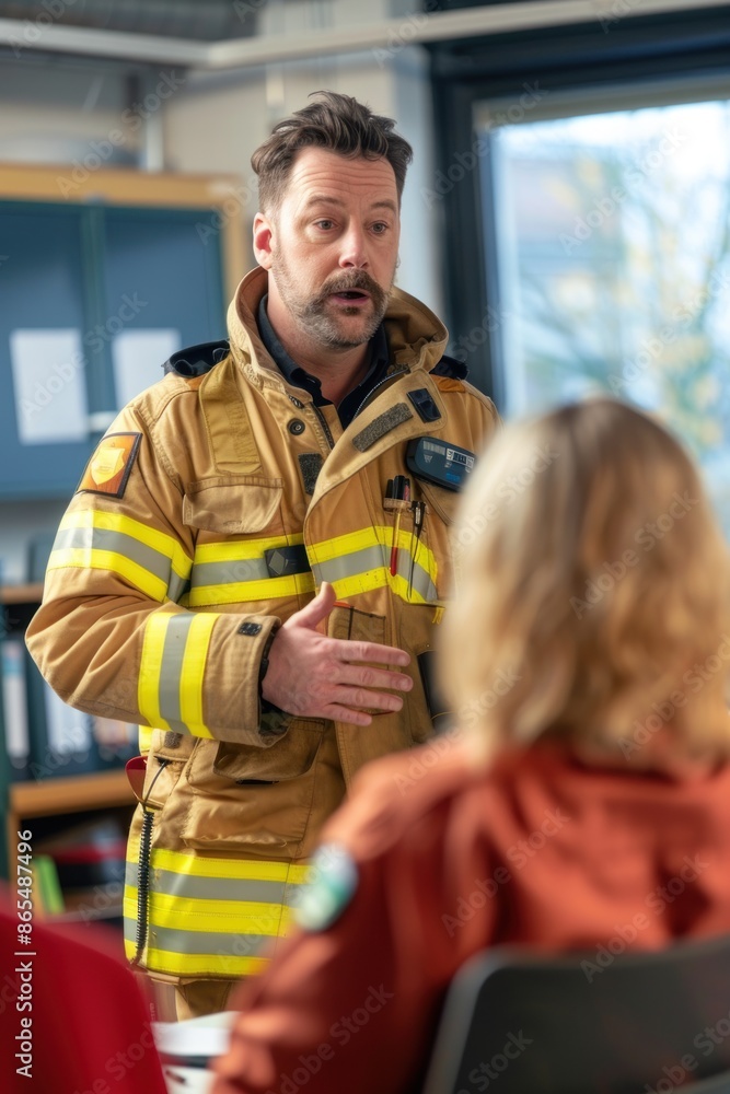 Obraz premium Portrait of a European firefighter explaining fire safety procedures to office workers, high detail, photorealistic, engaging atmosphere, bright environment