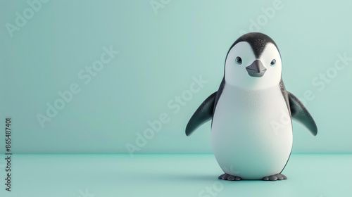 A cute penguin standing on the ice. It has black and white feathers and a yellow beak. The background is a pale blue color. © Pixel