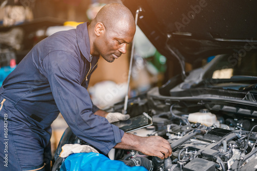 African Black man Car Service focus at work. Mechanic working in garage workshop maintenance engine.