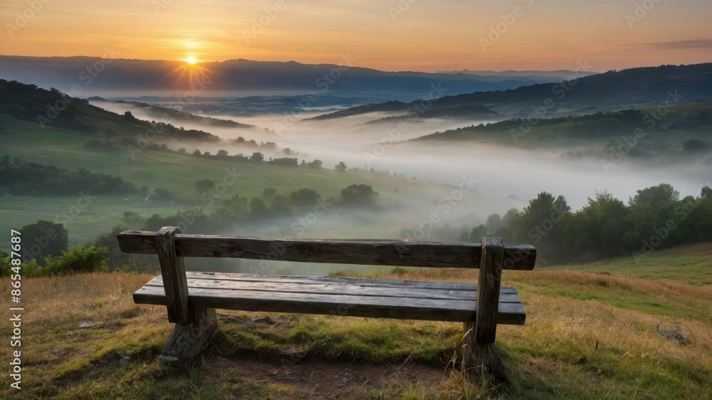 A wooden bench overlooking a foggy valley at sunrise, creating a serene and tranquil atmosphere perfect for relaxation and contemplation. A wooden bench overlooking a foggy valley at sunrise, creating a serene and tranquil atmosphere perfect for relaxation and contemplation.