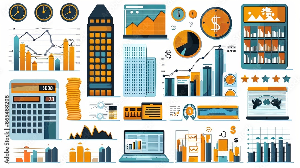 Business set on theme of investment, increase in income and business cooperation on the Internet, flat vector illustration isolated on white background. Financing, profit increase and crowdfunding Business set on theme of investment, increase in income and business cooperation on the Internet, flat vector illustration isolated on white background. Financing, profit increase and crowdfunding