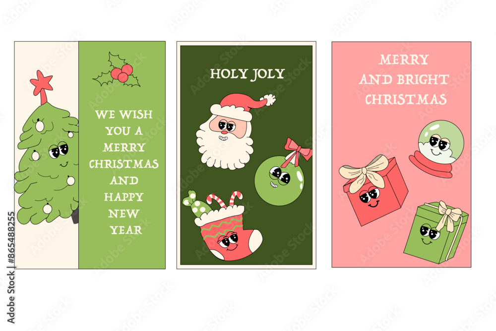 Fototapeta premium Vertical xmas banner with groovy character. Christmas groovy character with y2k elements poster or greeting card. Happy New Year and Christmas Template in retro style.