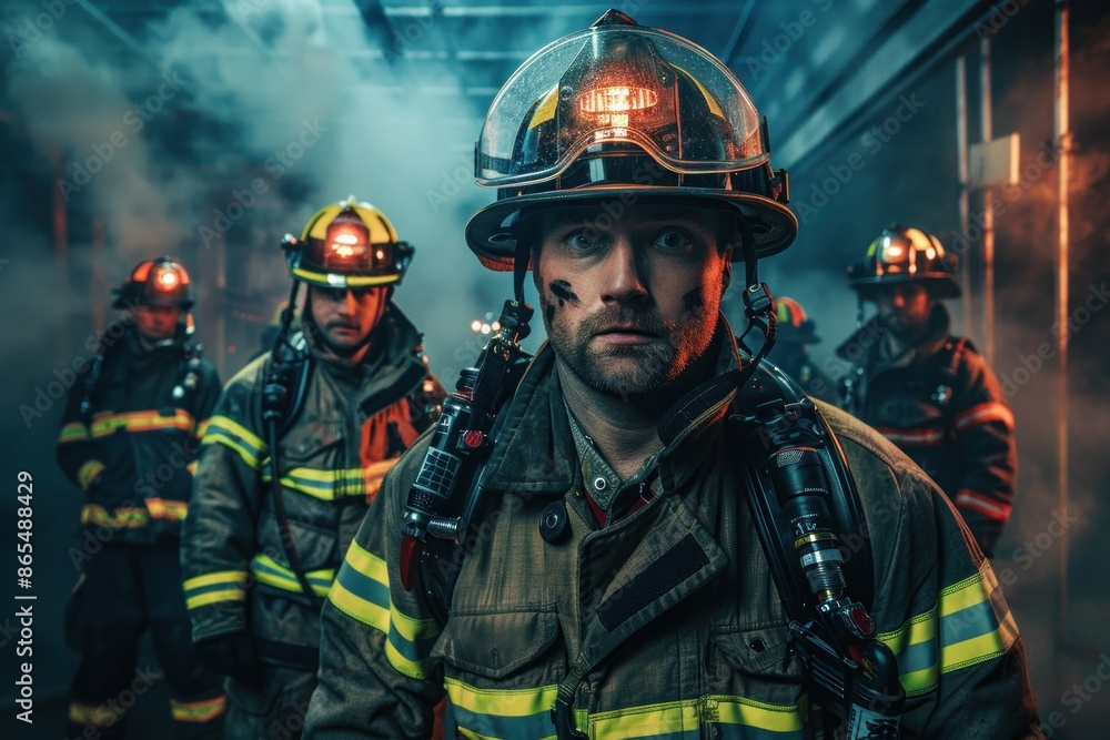 Obraz premium Portrait of an American firefighter team performing a mock rescue at a fire station, high quality photo, photorealistic, energetic atmosphere, studio lighting