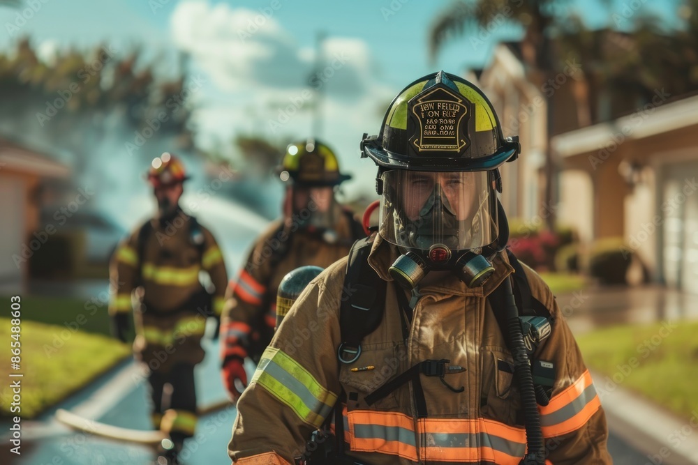 Fototapeta premium Portrait of an American firefighter team conducting a fire drill in a residential area, high quality photo, photorealistic, energetic atmosphere, well-lit setting