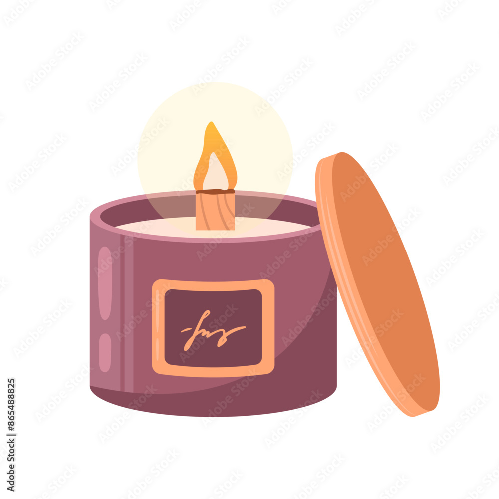 Scented burning soy candle in a glass with a wooden wick. Hygge, boho style, creating coziness, interior design. Aromatherapy, wellness, relaxation. Small business, handmade. Hand drawn flat vector. Scented burning soy candle in a glass with a wooden wick. Hygge, boho style, creating coziness, interior design. Aromatherapy, wellness, relaxation. Small business, handmade. Hand drawn flat vector.