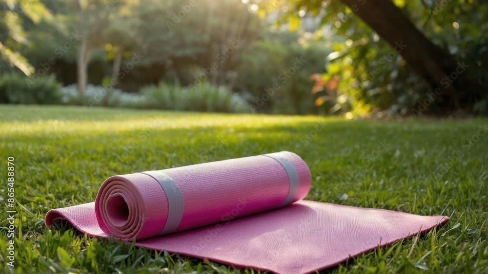 A pink yoga mat rolled out on the grass in a serene park, bathed in morning sunlight, perfect for outdoor exercise and fitness. A pink yoga mat rolled out on the grass in a serene park, bathed in morning sunlight, perfect for outdoor exercise and fitness.