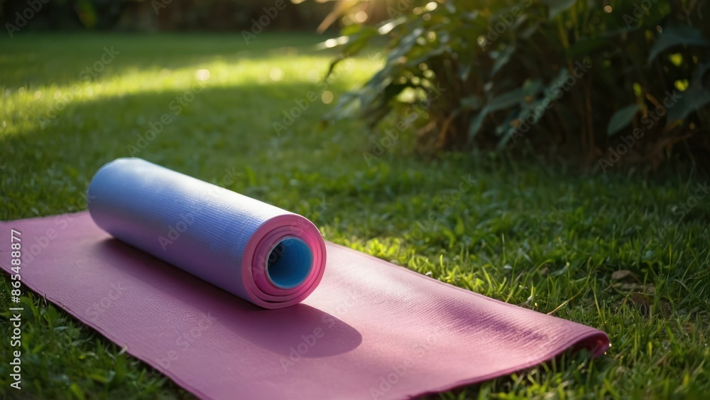 Yoga mat on grass in sunlit park, ideal for outdoor fitness, relaxation, and meditation. Perfect for health and wellness routines in a natural setting. Yoga mat on grass in sunlit park, ideal for outdoor fitness, relaxation, and meditation. Perfect for health and wellness routines in a natural setting.