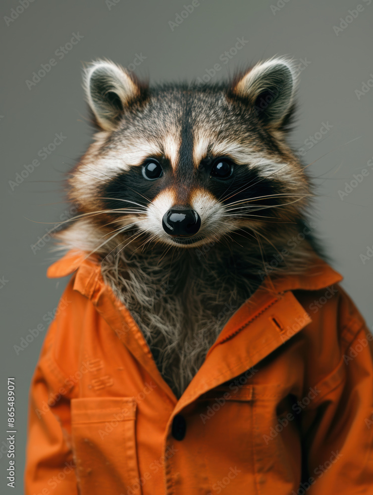 A raccoon portrait shows the animal wearing an orange jacket, exuding a quirky and charming personality against a neutral background. A raccoon portrait shows the animal wearing an orange jacket, exuding a quirky and charming personality against a neutral background.