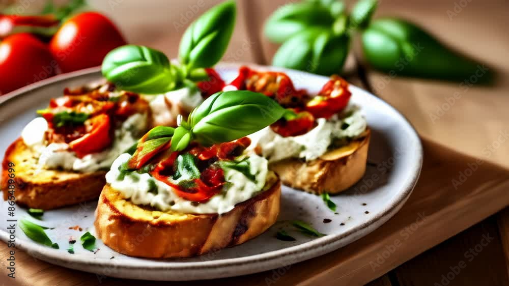 Deliciously fresh bruschetta with basil and cherry tomatoes Deliciously fresh bruschetta with basil and cherry tomatoes