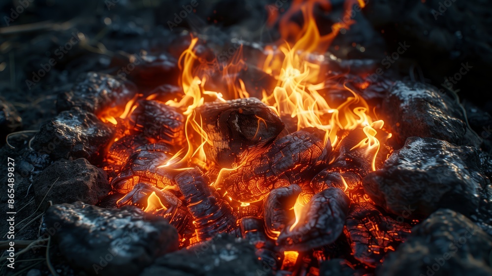 Flames dancing in a campfire pit, illuminating the darkness of the wilderness and casting flickering shadows on nearby trees and rocks. Flames dancing in a campfire pit, illuminating the darkness of the wilderness and casting flickering shadows on nearby trees and rocks.
