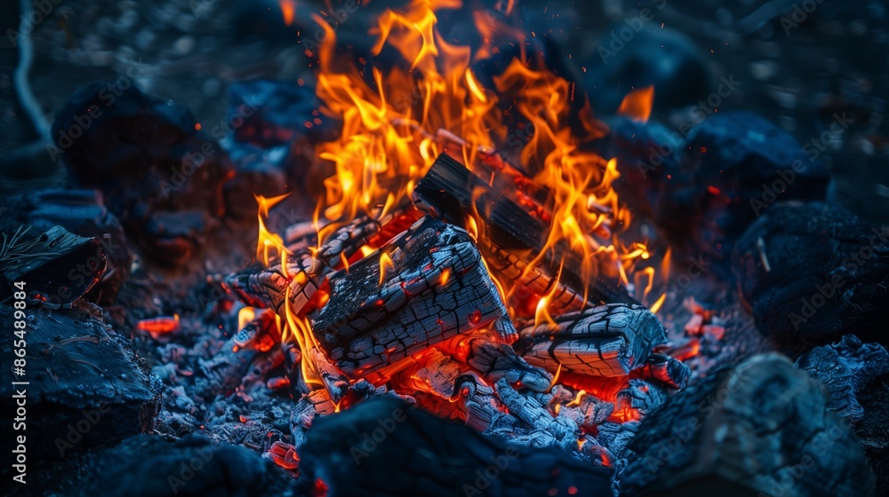 Flames dancing in a campfire pit, illuminating the darkness of the wilderness and casting flickering shadows on nearby trees and rocks. Flames dancing in a campfire pit, illuminating the darkness of the wilderness and casting flickering shadows on nearby trees and rocks.
