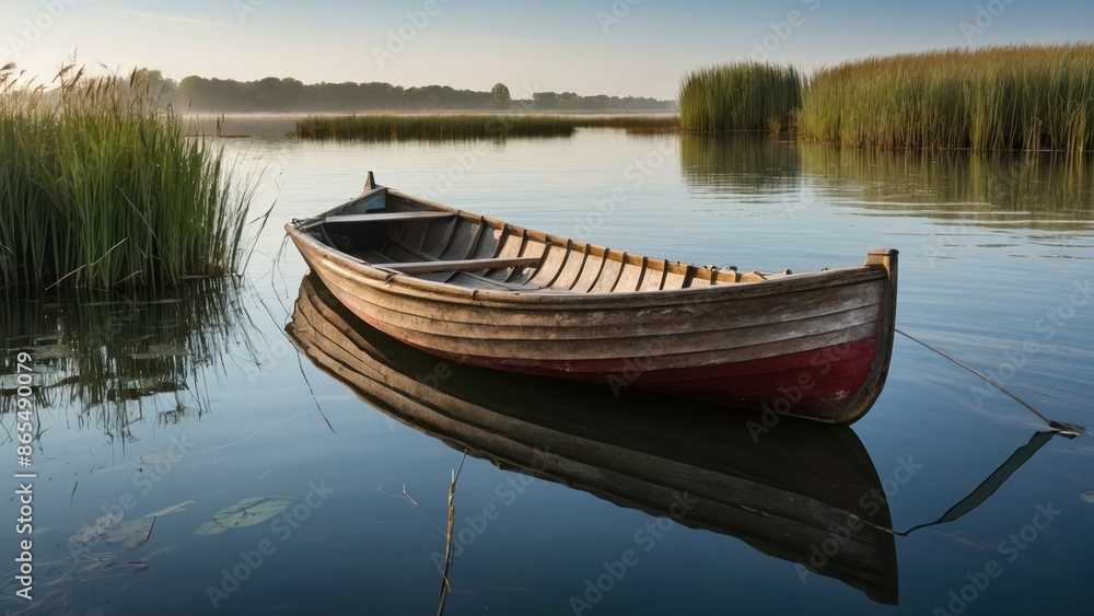 A serene wooden boat floats on a calm lake surrounded by reeds, reflecting the tranquil morning light, evoking peace and solitude. A serene wooden boat floats on a calm lake surrounded by reeds, reflecting the tranquil morning light, evoking peace and solitude.