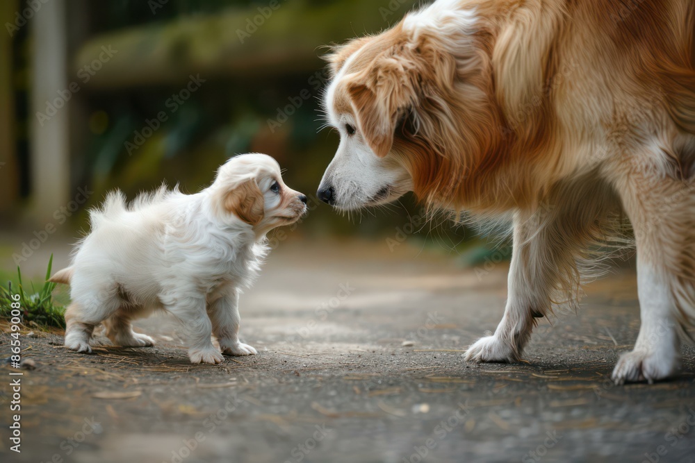 Adorable Puppy and Adult Dog Nose to Nose in Outdoor Setting - Heartwarming Pet Interaction Adorable Puppy and Adult Dog Nose to Nose in Outdoor Setting - Heartwarming Pet Interaction