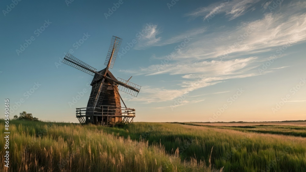 A picturesque windmill stands in a tranquil meadow at sunset, epitomizing rural serenity. Perfect for concepts of nature, countryside retreats, and heritage. A picturesque windmill stands in a tranquil meadow at sunset, epitomizing rural serenity. Perfect for concepts of nature, countryside retreats, and heritage.